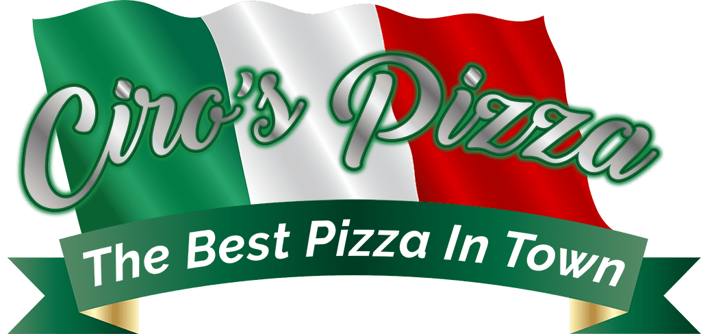 Ciros Pizza Logo with the Italian Flag behind it.